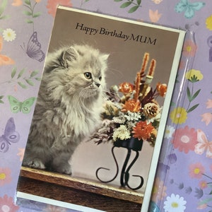 RARO biglietto fotografico retrò/vintage anni '60 circa "Buon compleanno MAMMA" - Splendida foto di un gatto persiano - Delizioso verso - Biglietto di compleanno per amanti dei gatti
