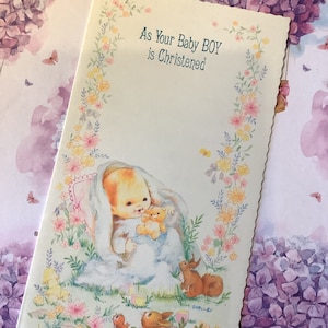 RARE vintage Circa 1960s 'As Your Baby Boy is Christened' Card - Super Cute Baby Boy & Animals Design - Sweet Verse - vintage Lovers Card