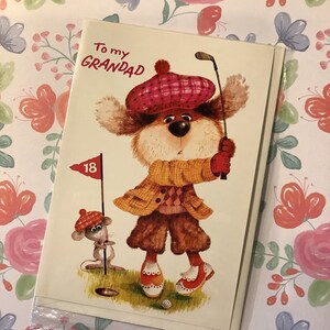 Cartão de aniversário vintage/retro muito raro, por volta de 1970, 'To My Grandad' - lindo design de cachorro e mouse 'golf' - vintage/retro/avô que ama golfe