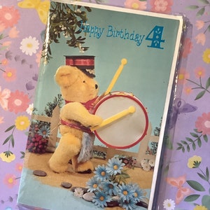 RARE Vintage Circa 1970 'Happy Birthday 3' Cute Retro Teddy Bear Playing A Drum Photo Card - Sweet Verse - Teddy Bear Lover - Scheda nostalgica