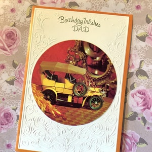 Raro e fabuloso vintage por volta de 1960 'aniversário deseja papai' cartão com foto de carro clássico retrô - verso doce e sentimental - cartão de aniversário nostálgico