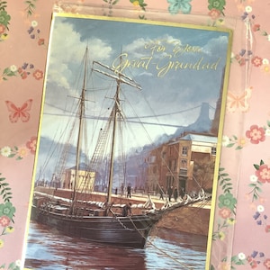 RARA cartolina d'auguri vintage degli anni '90 circa 'Per te bisnonno' Splendido design nostalgico della nave nel molo - Dolce saluto - Biglietto insolito