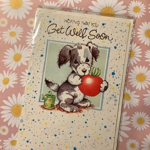 RARE vintage Circa 1980s Carte 'En espérant que vous vous rétablirez bientôt' - Mignon 'Jardinage' Dog Design - Sweet Greeting/Verse - Une carte à chérir
