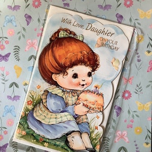 RARE vintage Circa 1970s 'With Love, Daughter On Your Birthday' Card Cute 'Holly Hobbie' Style Girl and Cake Design -Sweet Verse - Nostalgia