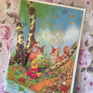 RARO vintage degli anni '80 circa 'Divertiti ora che sei 3' Biglietto di compleanno' Biglietto con design di animali della foresta carini - Versetto dolce - Biglietto per bambini che amano gli animali