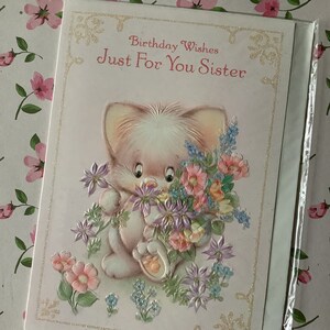 ZELDZAME jaren 1980 vintage/retro ongebruikte 'verjaardagswensen alleen voor jou zus' super schattig kat ontwerp - lief vers - retro minnaar kaart - glitter