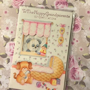 vintage/Retro Circa 1980s 'To The Happy Grandparents' New Petitedaughter Card -Cute Dog & Panda Cut-out Front Design -New Grandparents Card -