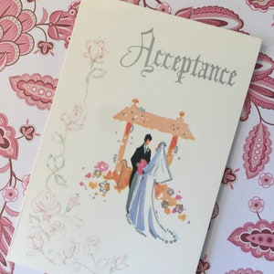 Cartão de 'aceitação' de casamento vintage original MUITO RARO, por volta dos anos 1960 - IMPRESSIONANTE noiva e noivo, desejo-bem e design floral - casamento vintage