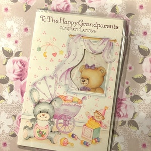 vintage/Retro Circa 1980s 'To The Happy Grandparents' New Petitedaughter Card Cute Rabbit & Teddy Cut-out Front Design - Carte des grands-parents -
