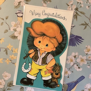 EXTREM SELTENE Circa 1960er Jahre Vintage/Retro 'Viele Glückwünsche' Karte -Süßer Schornsteinfeger Junge, Hufeisen & Hund Design -Sweet Verse -Nostalgisch