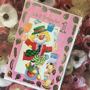 RARE vintage/Retro Circa 1980s 'Beaucoup de plaisir d'anniversaire Now You Are 1' Card - Cute Juggling Clown, Dog & Birthday Cake Design and Sweet Verse