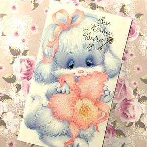 Cartão de aniversário vintage/retro, por volta dos anos 1970, "Melhores votos para você ter 18 anos" - Cachorro fofo e design floral brilhante - Amante retrô - Verso doce - Cartão kitsch