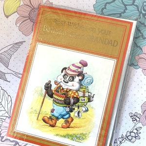 Cartão RARO vintage/retro por volta dos anos 1970 'Felicidades no seu aniversário, querido vovô' - lindo design de panda 'caminhada' por Mike Sherard - verso doce