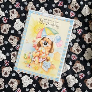 Cartão RARO Grande Vintage/Retro Circa 1970s 'Parabéns pelo seu 18º aniversário' - Design Fofo e Divertido de Cachorro na Praia - Cartão Retro Lover