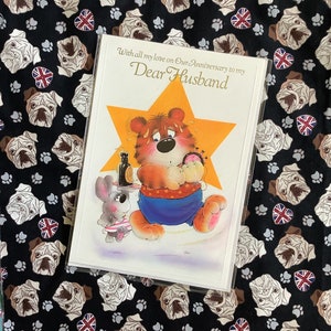 RARO Grande Verdadeiro Vintage/Retro Circa 1970s Com todo meu amor em Nosso Aniversário para meu Querido Marido Cartão Kitsch/Retro/Design Fofo de Urso e Coelho