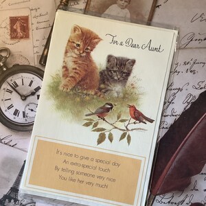 MOLTO RARO Vintage 1970 'Per una cara zia' Biglietto d'auguri - ADORABILE Cat & Birds Design di Giordano Art - Una carta carina e nostalgica da custodire