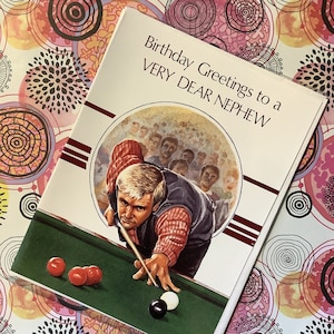 Carte sur le thème du billard RARE vintage des années 1980 « Salutations d'anniversaire à un très cher neveu » - amateur de billard/joueur neveu - vers doux - nostalgie