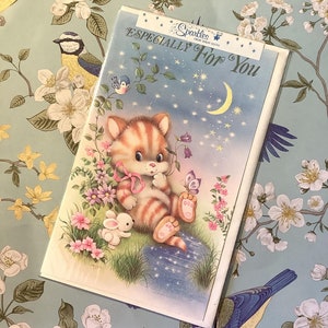 Vintage/Retro Circa 1980s Geburtstagskarte 'Besonders für Dich' - Niedliches Katzen & Kaninchen Design mit einem Hauch von Funkeln - Katzenliebhaber Karte -Retro Liebhaber