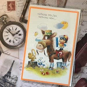 SEHR SELTENE Vintage 1970er Jahre 'Swifty und Sam' leere Grußkarte - Fun Horse, Jockey & Cat Design von Giordano Art - Horse Riding Lover Card
