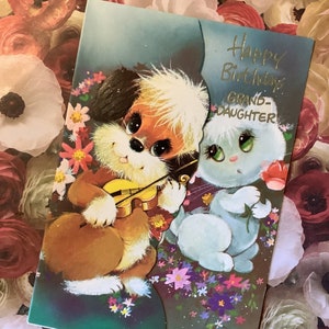 ESTREMAMENTE RARA cartolina vintage degli anni '60 circa "Buon compleanno, nipote" ADORABILE design di cane e gatto - Parte anteriore pieghevole - Versetto dolce - Cartolina da conservare