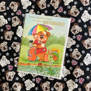 RARO Grande Vintage/Retro Circa 1970s 'Fondest Birthday Wishes to my dear Husband' Cartão - Design Golfer Dog - Cartão Nostalgic - Sweet Verse