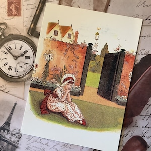 STUNNING Vintage 1997 'Kate Greenaway' Design Blank Greetings Card Pretty Children's Book Style Illustratie van een klein meisje -Card To Frame