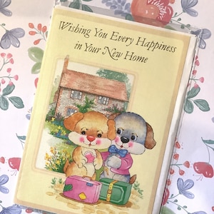RARE Vintage/Retro Circa 1970s Tarjeta no escrita de 'Nuevo hogar' con lindo diseño de pareja de perros - Verso simple - Tarjeta de amante vintage