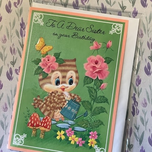 RARE Circa 1980s Vintage/Retro 'To A Dear Sister On Your Birthday' Cartão - ADORÁVEL Ow & Floral Design - Sweet Verse -Owl/Kitsch Lover Sister