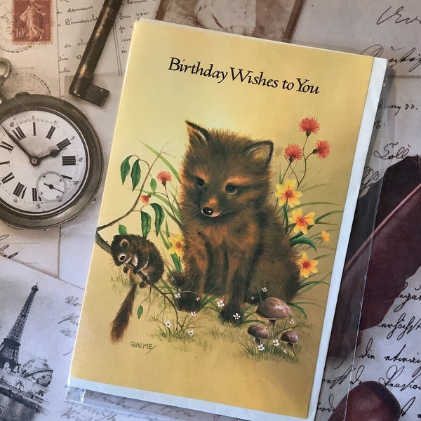 VERY RARE Vintage 1970s 'Birthday Wishes to You' Blank Card - Cute Fox Cub & Squirrel Design by Graeme - Cute Nostalgic Card to Treasure