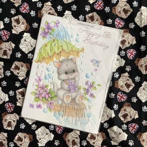 RARO cartão grande vintage/retro por volta dos anos 1980 "Feliz aniversário de 18 anos" com design ADORÁVEL de gato, floral e pássaro com um toque de glitter - Nostalgic