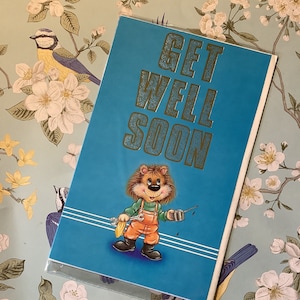 RARE carte vintage/rétro des années 1970 « Get Well Soon » avec motif Lion rétro « mécanicien automobile » - douce salutation à l'intérieur - carte amusante et amateur de nostalgie