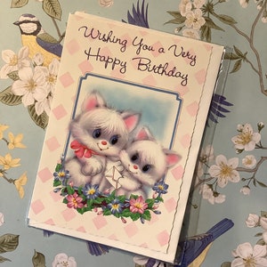 RARO biglietto d'auguri vintage/retrò anni '80 circa "Ti auguro un felicissimo compleanno" - Grazioso disegno di un gatto - Biglietto d'auguri vintage/per amici amanti dei gatti - Biglietto insolito