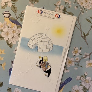 Favoloso biglietto vintage/retrò degli anni '80 "Nuova casa" con un simpatico design di coppia di pinguini - Un biglietto Gallerie Dominique - Un dolce biglietto da custodire
