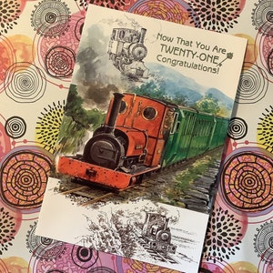 Raro biglietto vintage degli anni '80 "Now That You Are Twenty-One Congratulazioni" - La piccola locomotiva rossa "Elidir" della Welsh Padarn Lake Railway