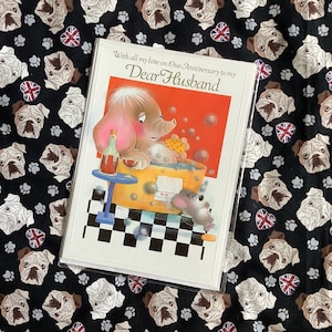 RARO Grande Verdadeiro Vintage/Retro Circa 1970s Com todo meu amor em Nosso Aniversário para meu Querido Marido Cartão Kitsch/Retro Design Elefante e Rato