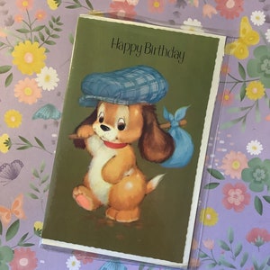 Cartão raro de feliz aniversário vintage/retro dos anos 70 - design fofo e kitsch de cachorro dos anos 70 - cartão retrô/vintage para amigo/parente amoroso