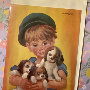 Cartão de aniversário vintage muito raro, por volta dos anos 1960, em branco, 'Royle', design deslumbrante de menino e seus adoráveis cães, por Manzo (?) - Cartão para emoldurar "nostálgico"