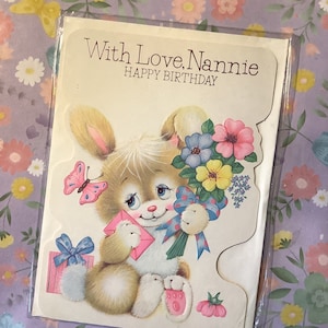 Raro verdadeiro vintage/retro por volta de 1970 cartão 'com amor, babá feliz aniversário' coelho fofo e design floral cartão kitsch simples para guardar
