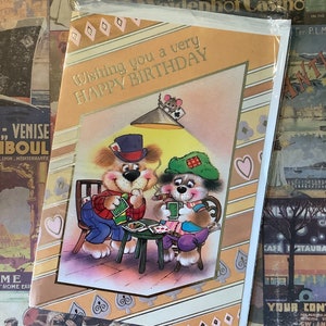 Cartão FABULOSO vintage da década de 1970 'Desejando a você um feliz aniversário' - Design divertido de cães 'Jogando pôquer' - Cartão de amigo amoroso de pôquer/retro