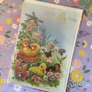 SELTENE True Vintage/Retro Circa 1970er Jahre 'Happy Birthday 4 Today' Karte entworfen von Ray Cresswell - süßes Natur Design - süßer Vers - Nostalgie