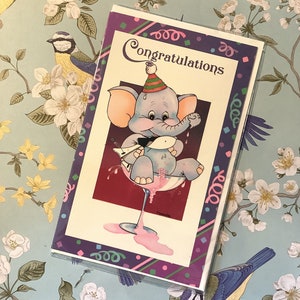 RARE Vintage Circa 1980s &#39;Congratulations&#39; Card - Cute Retro Elephant sat in a Glass of Champagne Design - Simple Greeting - Card To Keep
