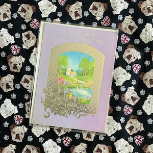 RARE vintage des années 1970 inutilisée « Avec amour et affection le jour de notre mariage », grande carte jolie église, cygnes et motif floral - vers doux