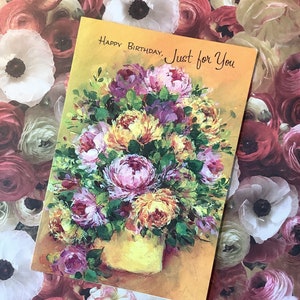 Extrêmement RARE vers les années 1950, carte d'anniversaire vierge avec un beau design de vase floral - carte nostalgique - voeux simple - jolie carte à chérir