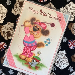 Cartão RARE Vintage/Retro Circa 1970s Happy 18th Birthday' - Kitsch/Super Cute Golfer Dog Design - Cartão simples - Cartão Retro/Golf Lover