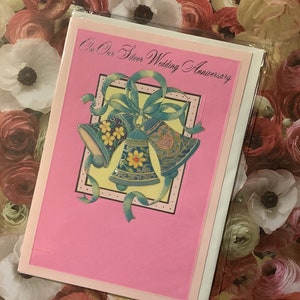 RARA carta vintage/retrò degli anni '80 inutilizzata "On Our" per anniversario di matrimonio in argento - Grazioso design a campana - con busta - Splendido con bel verso