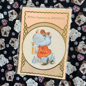 RARE grande carte « Bonheur d'anniversaire pour mon petit ami » vintage/rétro vers les années 1980 - Design kitsch/rétro/hippopotame mignon - petit ami amoureux rétro