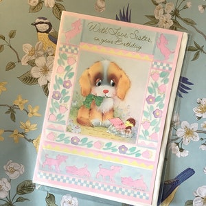 Cartão RARE Circa 1970 Vintage 'Com amor, irmã no seu aniversário' com lindo design de cachorro kitsch - Vintage/Retro/Dog Loving Sister - Nostálgico