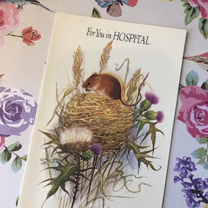 RARE vintage/rétro des années 1960 « Pour vous à l'hôpital » Superbe motif souris de terrain Get Well Soon carte - Sweet voeux - carte vintage/amoureux de la nature