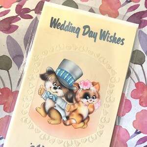Biglietto MOLTO RARO vintage/retrò degli anni '70 'Auguri per il giorno del matrimonio' - Design di coppia carina/gatto e cane - Biglietto di coppia di innamorati vintage/retrò - Versetto dolce