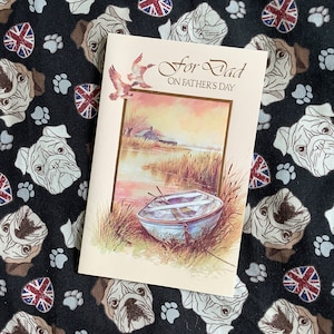 RARA carta vintage inutilizzata degli anni '80 circa 'Per papà per la festa del papà' Splendido design di fiume e barca a remi - Dolce saluto all'interno - Amante della nostalgia